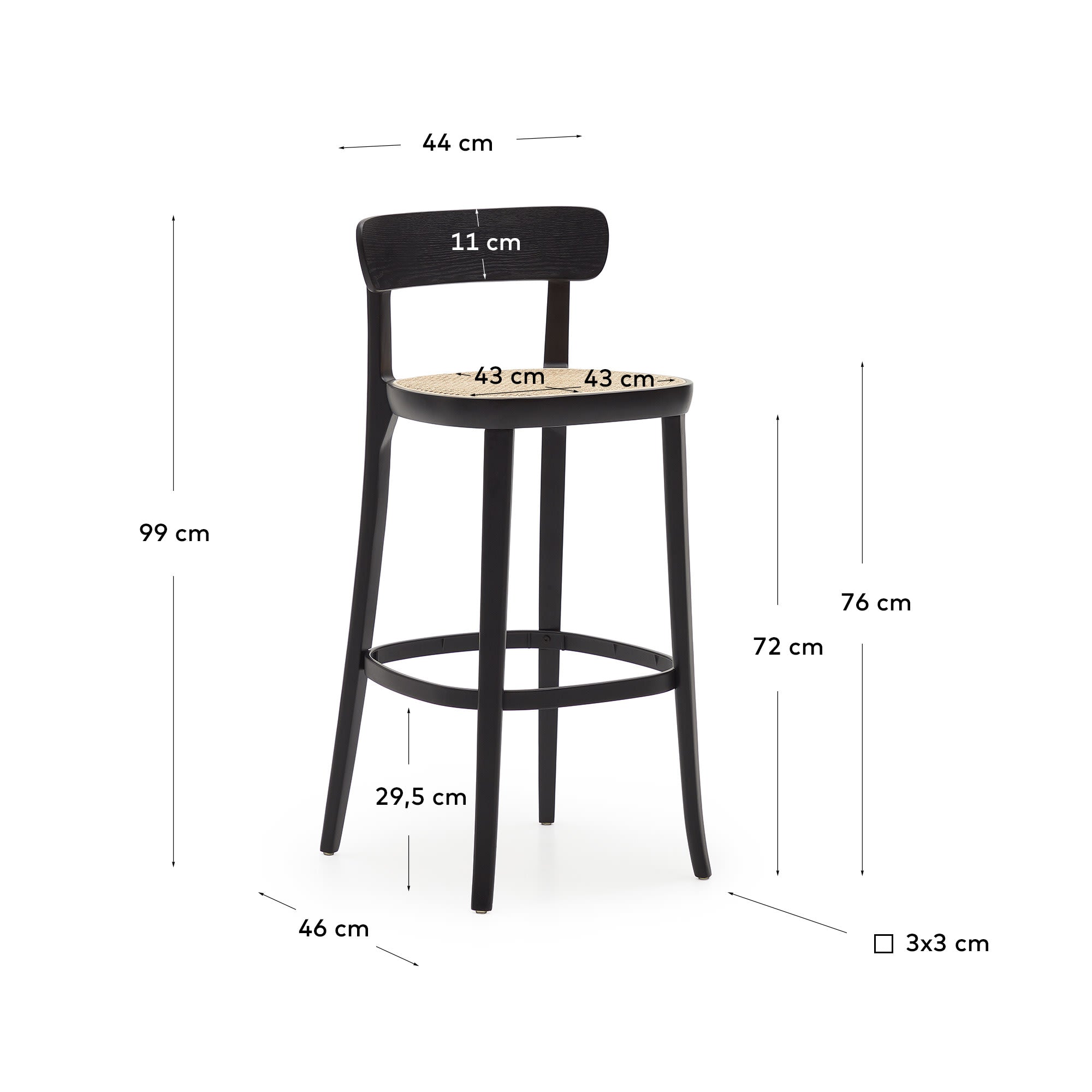 Moderner Romane Hocker aus Buchenholz, schwarzes Finish, Eschenfurnier und Rattan, 75 cm hoch, perfekt für stilvolle Einrichtungen.