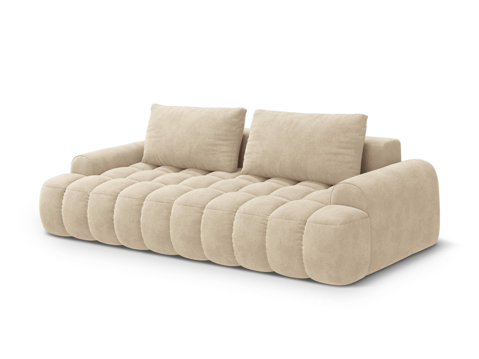 Bequemes Linz Velour Sofa in hellem Beige, 4-Sitzer mit praktischer Schlaffunktion und integriertem Stauraum für vielseitige Nutzung.