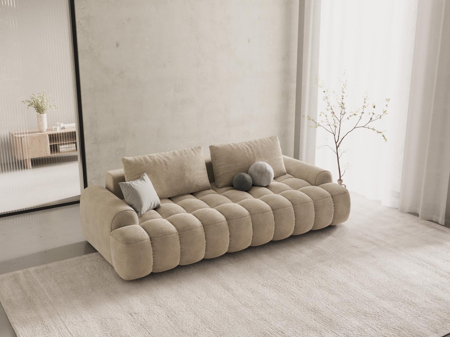 Elegantes Linz Velour Sofa in Light Beige-Vogue, 4-Sitzer mit Schlaffunktion und Stauraum, ideal für stilvolle Wohnräume.