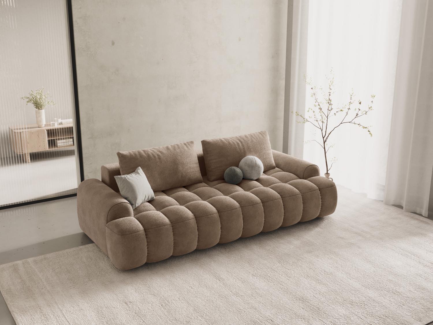 Elegantes Linz Velour Sofa in Dunkelbeige, 4-Sitzer mit Schlaffunktion und Stauraum, ideal für stilvolle Wohnräume.