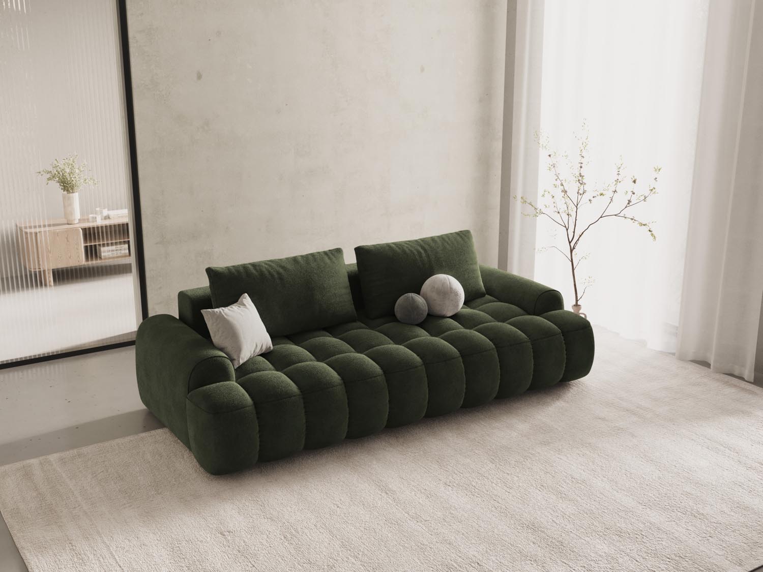 Elegantes Linz Velour Sofa in Green-Vogue, 4-Sitzer mit Schlaffunktion und Stauraum, ideal für stilvolle Wohnräume.