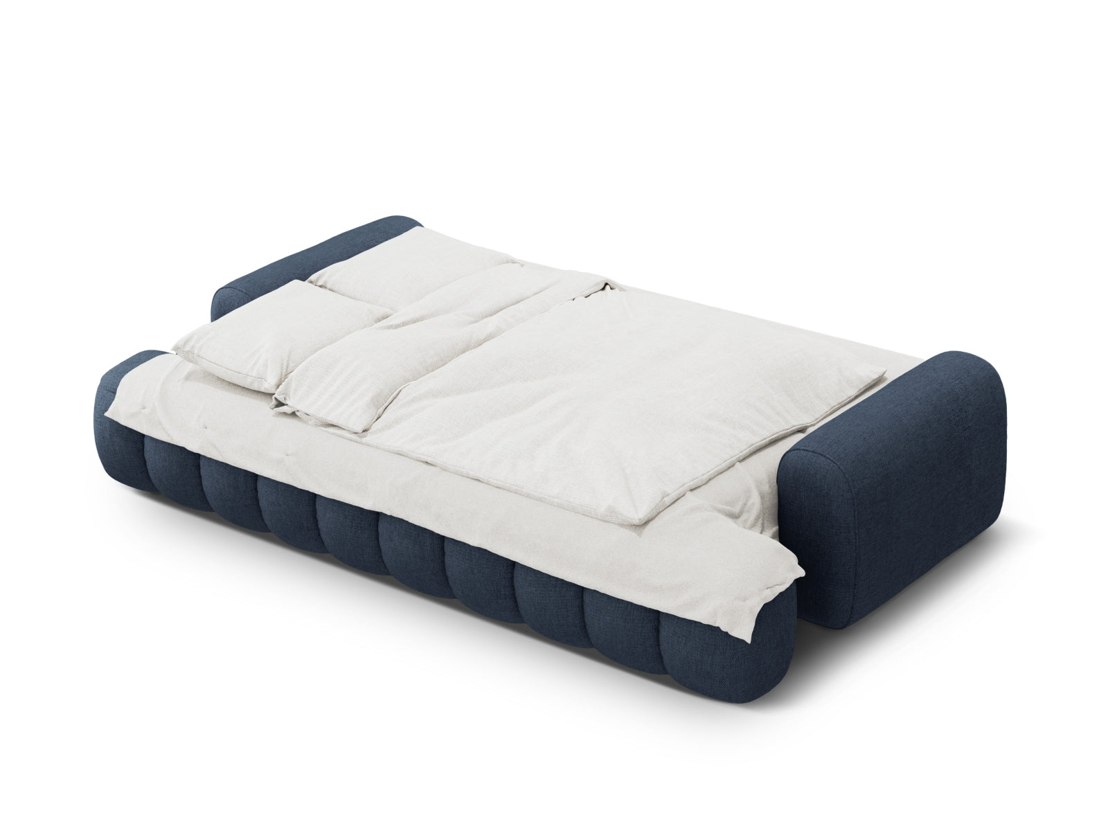 Elegantes Linz Sofa in Blau, 4-Sitzer mit Schlaffunktion und Stauraum, ideal für stilvolle Wohnräume und Gästeübernachtungen.