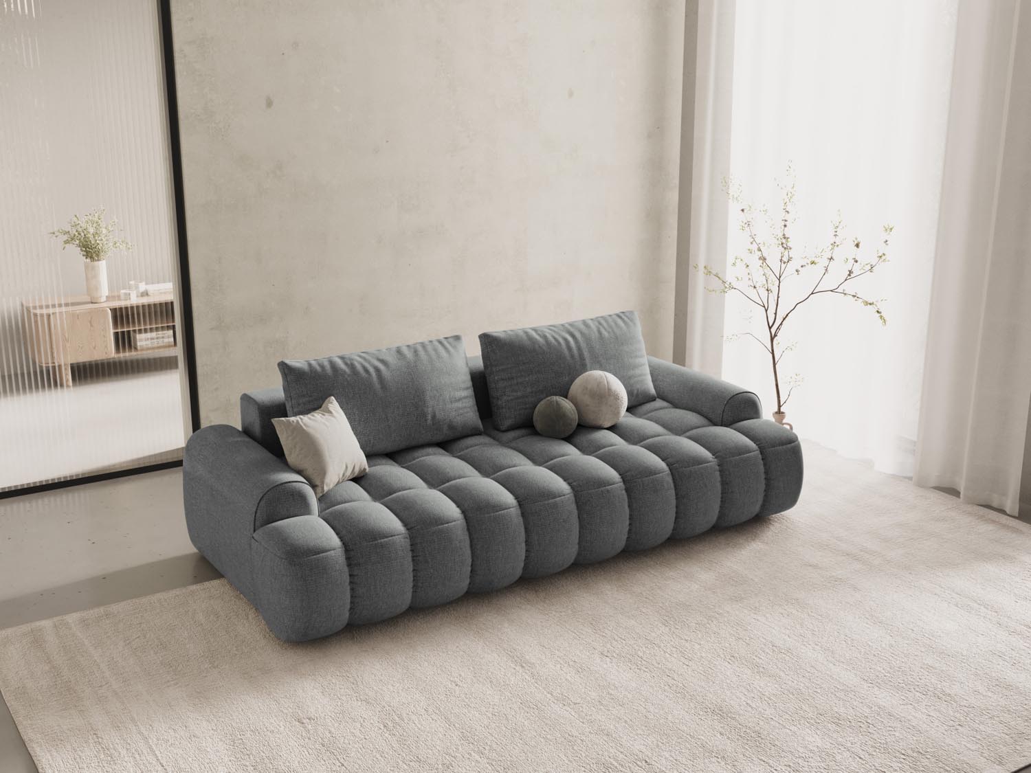 Modernes Linz Sofa in Grau mit Schlaffunktion und Stauraum, ideal für stilvolle Wohnräume und Gästeübernachtungen.
