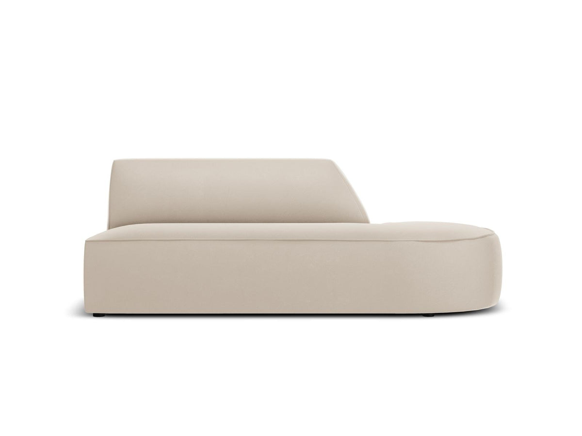 Modulsofa rechts mit beigem Samtbezug Salvador, Massivholzrahmen und schwarzen Kunststoffbeinen, 2 Sitzplätze, Récamiere-Form.