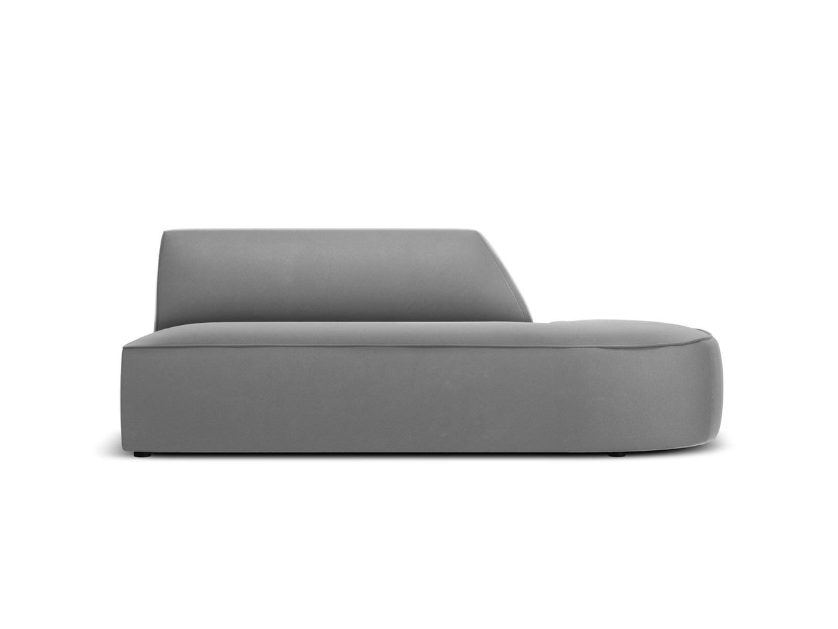 Modulsofa rechts mit beigem Samtbezug Salvador, Massivholzrahmen und schwarzen Kunststoffbeinen, 2 Sitzplätze, Récamiere-Form.