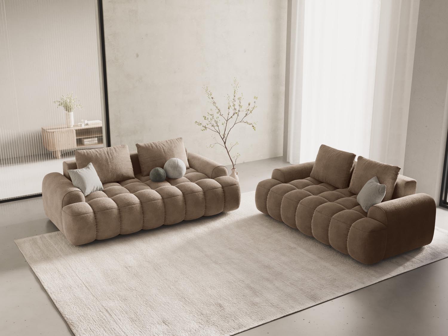 Elegantes Linz Velour Sofa in Dunkelbeige, ideal für stilvolle Wohnräume. Komfortabler 2-Sitzer von Cosmopolitan Design.