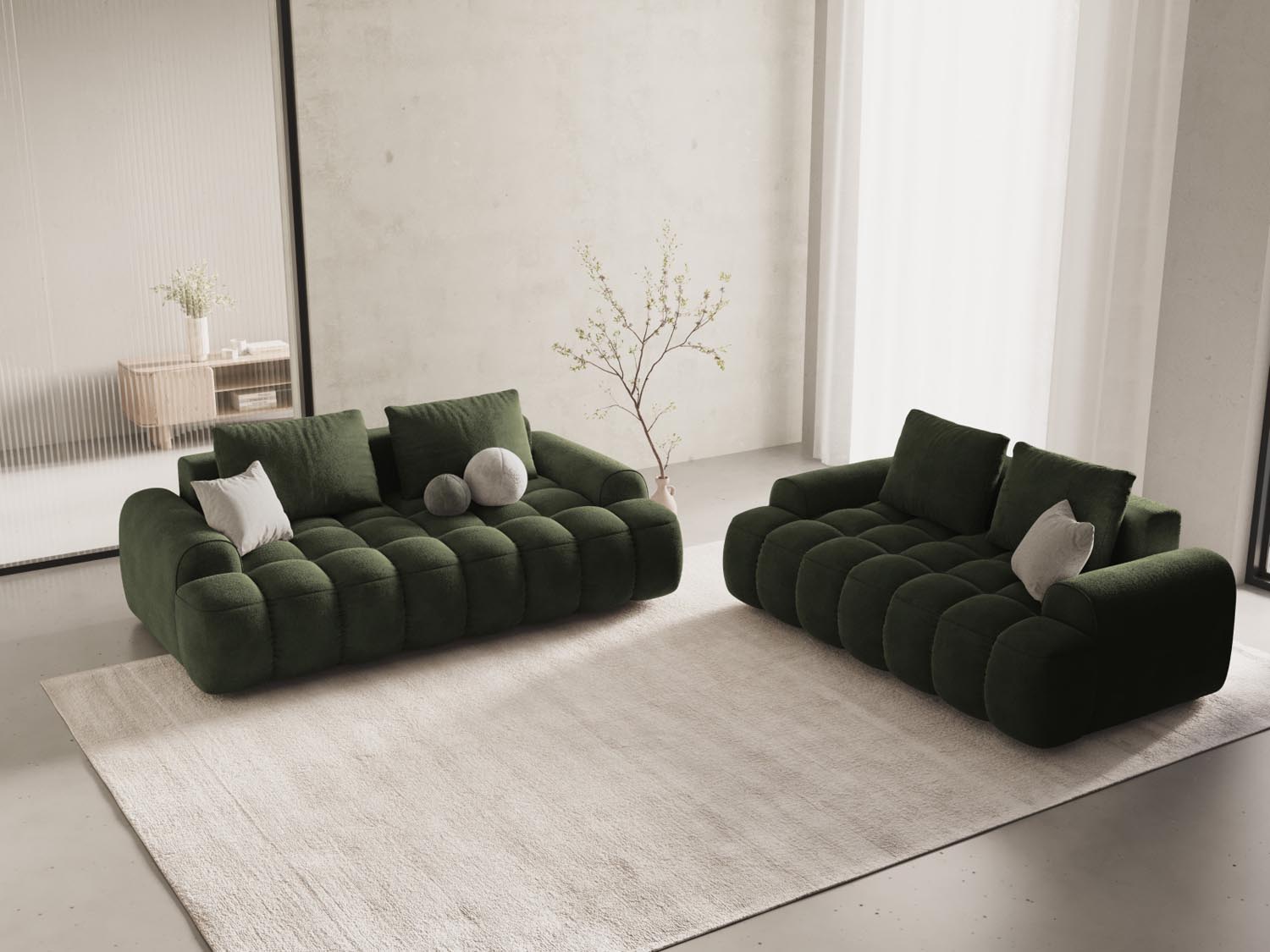 Elegantes Linz Velour Sofa für zwei Personen in stilvollem Grün, ideal für moderne Wohnräume und gemütliche Abende.