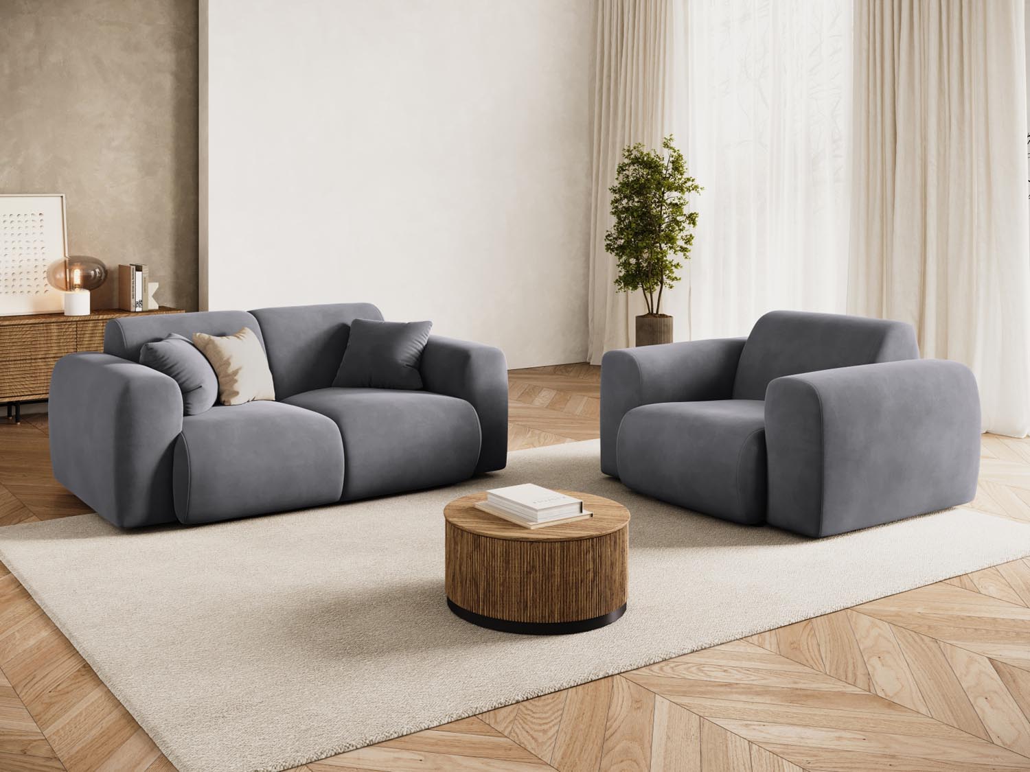 Elegantes Nolio Velour Sofa in Dunkelgrau, 2-Sitzer mit 95 cm Breite, ideal für stilvolle Wohnräume, präsentiert von Cosmopolitan Design.