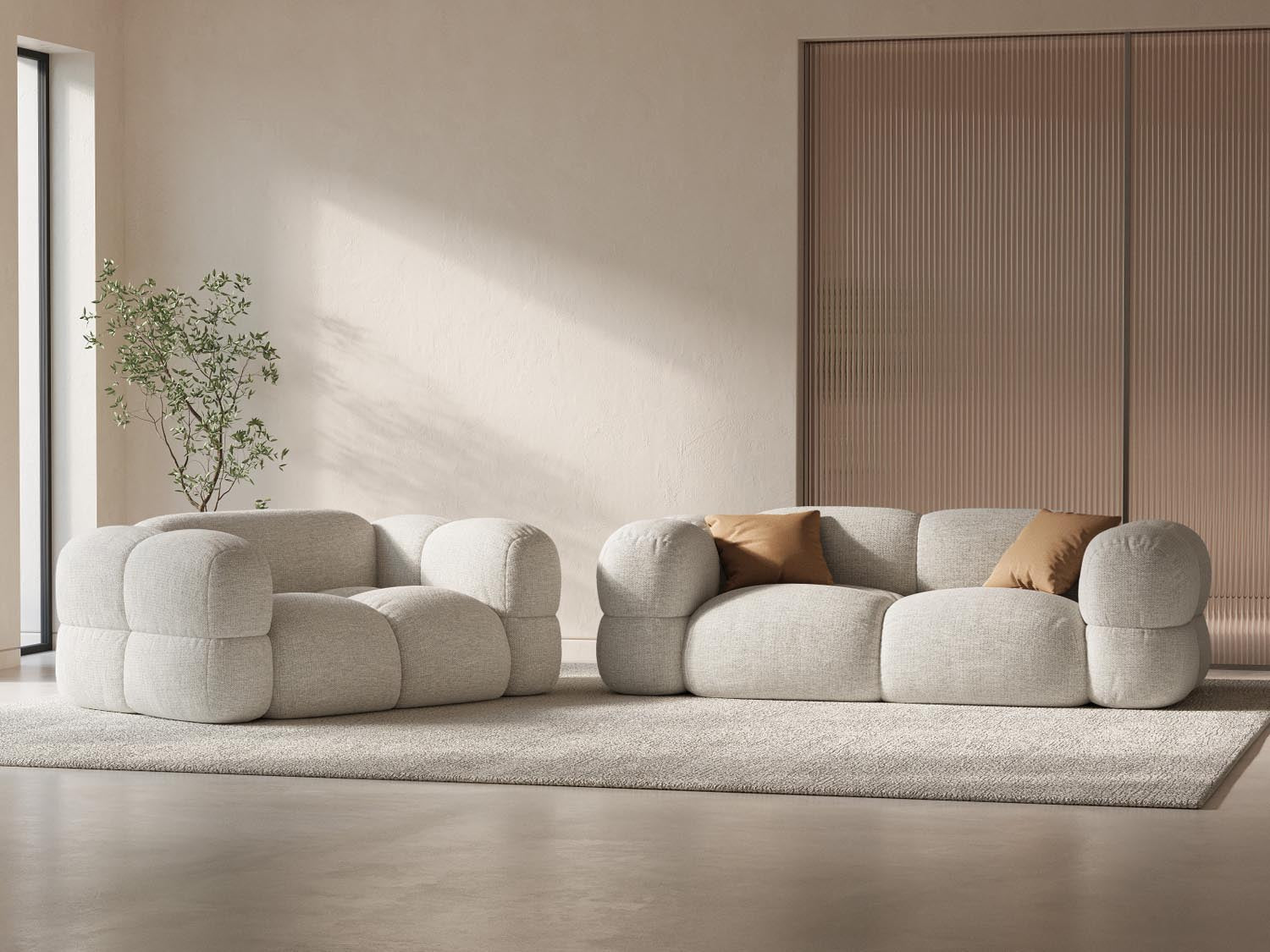 Beige Loretto 2-Sitzer Sofa von Cosmopolitan Design, stilvoll und modern, ideal für jedes Wohnzimmer, präsentiert in ansprechender Atmosphäre.