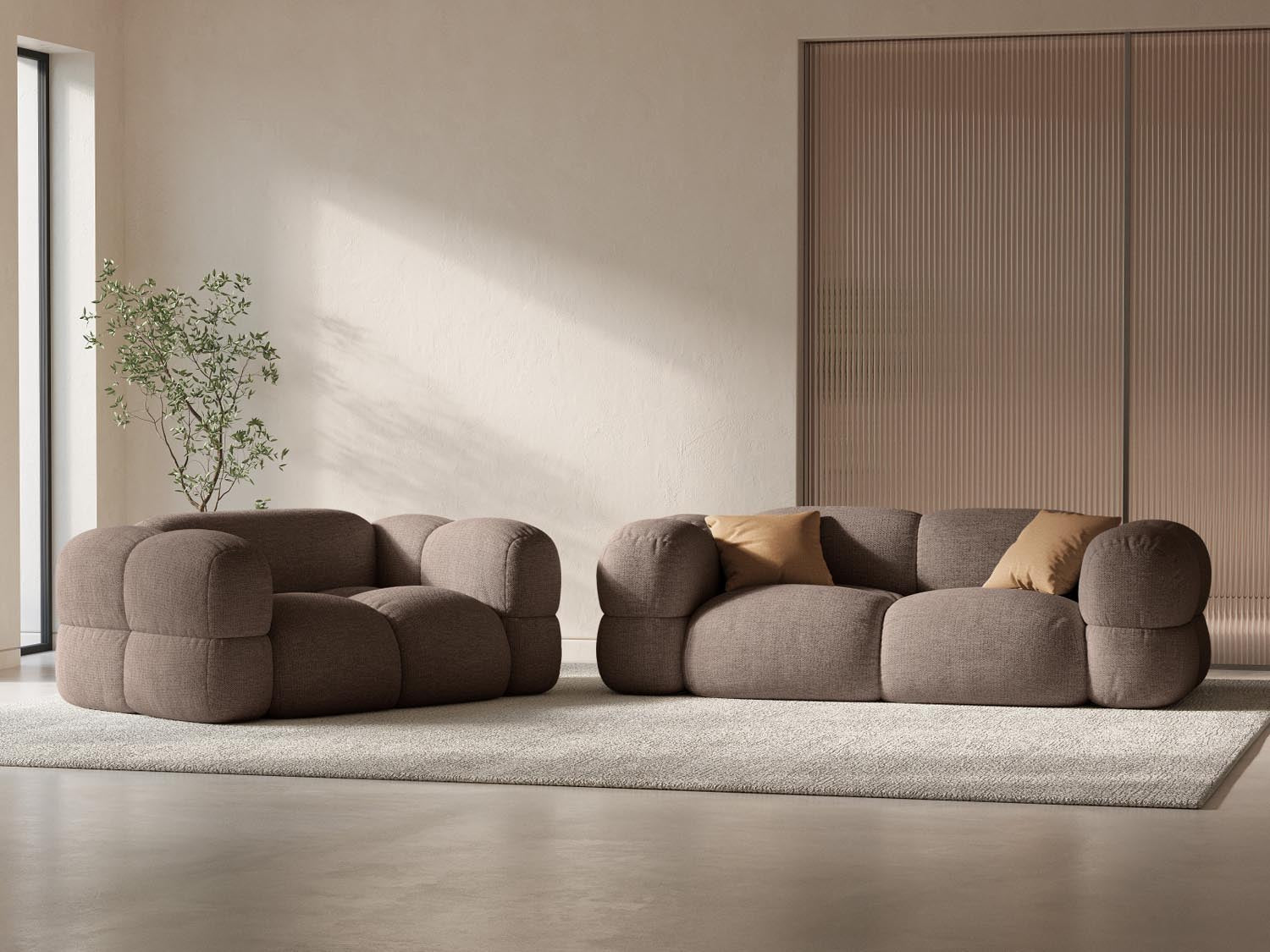 Elegantes Loretto 2-Sitzer Sofa in Cappuccino-Sorella, ideal für stilvolle Wohnräume, präsentiert von Cosmopolitan Design.