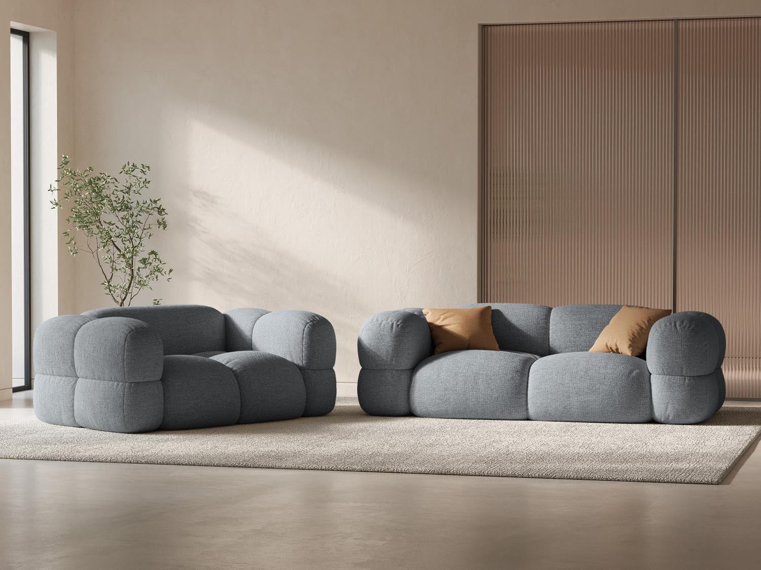 Elegantes Loretto 2-Sitzer Sofa in Grau, ideal für moderne Wohnräume, präsentiert in stilvollem Ambiente.