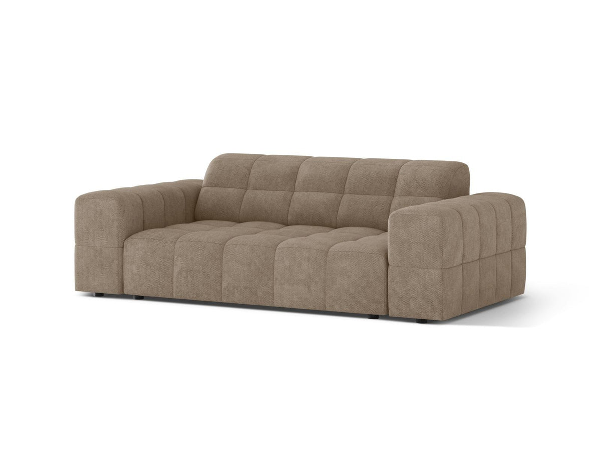 Zweisitzer-Sofa mit hellbeigem Chenille-Bezug (Eden), Massivholzrahmen und schwarzen Kunststoffbeinen, moderne klare Linienführung.
