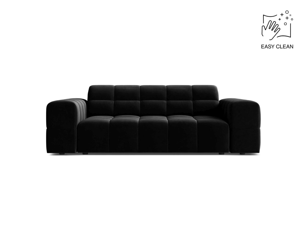 Zweisitzer-Sofa der Serie Chicago in Light Beige-Venus Samtstoff mit Massivholzrahmen und schwarzen Kunststoffbeinen, gerade Form.