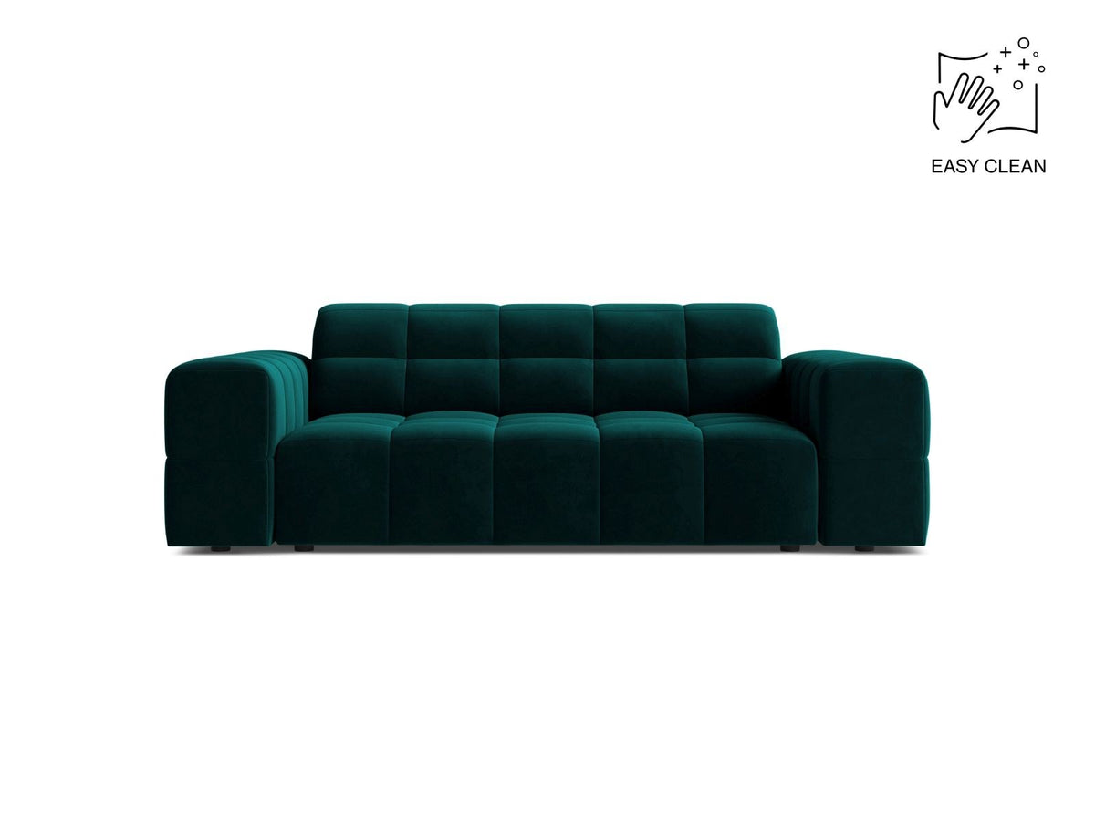 Zweisitzer-Sofa der Serie Chicago in Light Beige-Venus Samtstoff mit Massivholzrahmen und schwarzen Kunststoffbeinen, gerade Form.