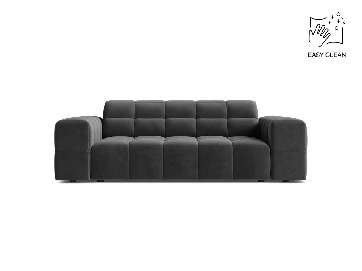 Zweisitzer-Sofa der Serie Chicago in Light Beige-Venus Samtstoff mit Massivholzrahmen und schwarzen Kunststoffbeinen, gerade Form.