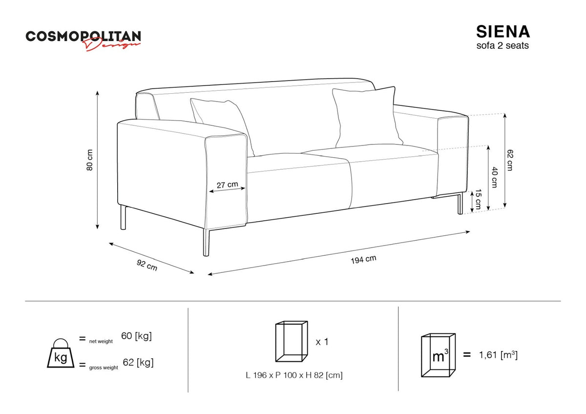 Zweisitzer-Sofa Siena in Beige-Salvador-Samt mit schwarzen Kunststoffbeinen, gepolsterter Sitzfläche und niedriger Rückenlehne, Frontansicht.