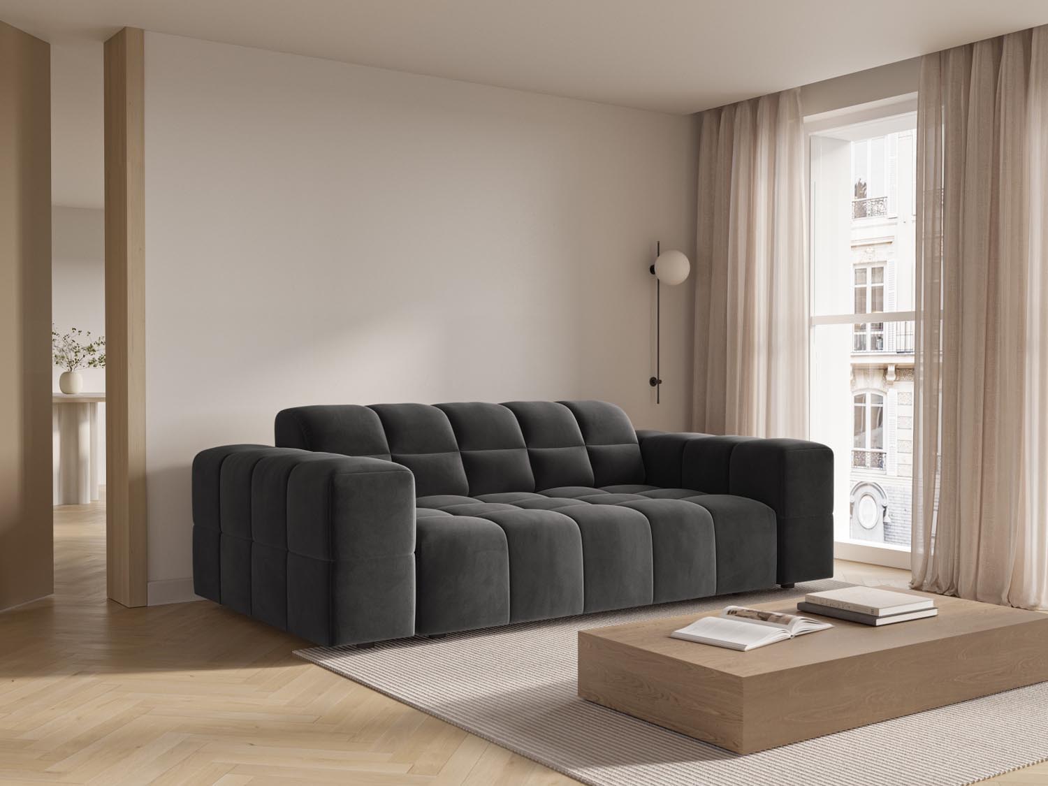Elegantes Chicago Velour Sofa in Grau-Blau, 2-Sitzer mit modernem Design, ideal für stilvolle Wohnräume.