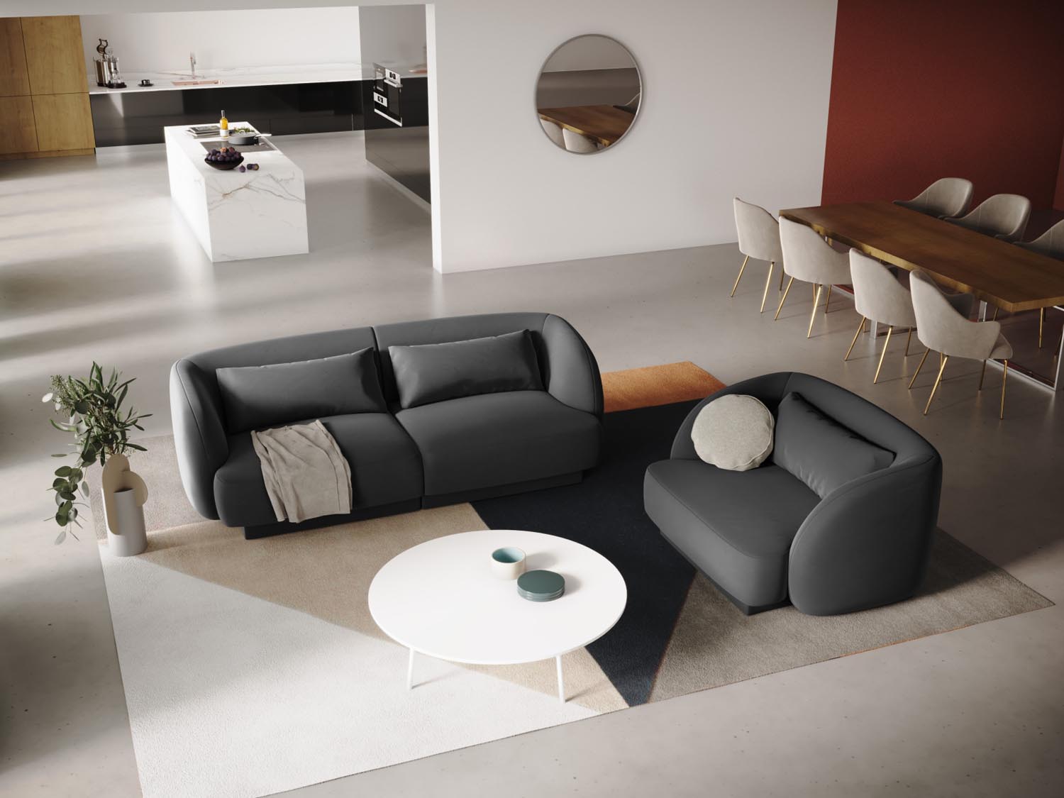 Elegantes Tulum Velour Sofa in Grau-Blau, 2-Sitzer mit modernem Design, ideal für stilvolle Wohnräume.