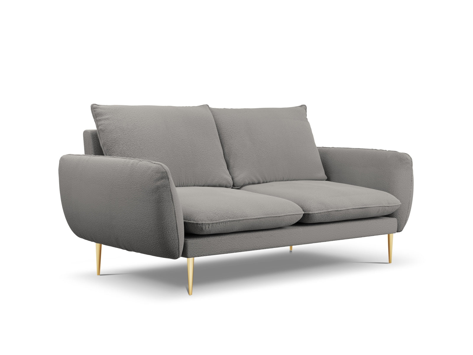 Stilvolles 2-Sitzer Sofa aus Boucle in Grau, verziert mit goldenen Details, ideal für moderne und elegante Wohnumgebungen.