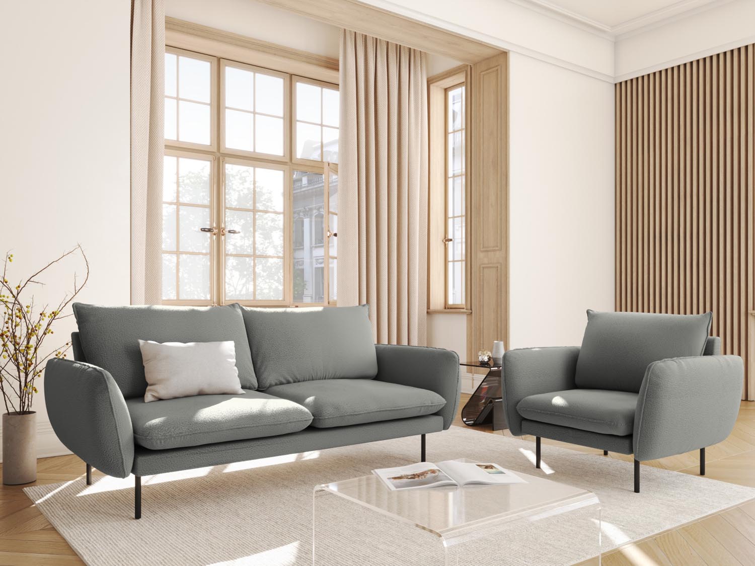 Elegantes 2-Sitzer Sofa "Vienna" in Grau/Schwarz mit Boucle-Textur, ideal für stilvolle Wohnräume, präsentiert von Cosmopolitan Design.