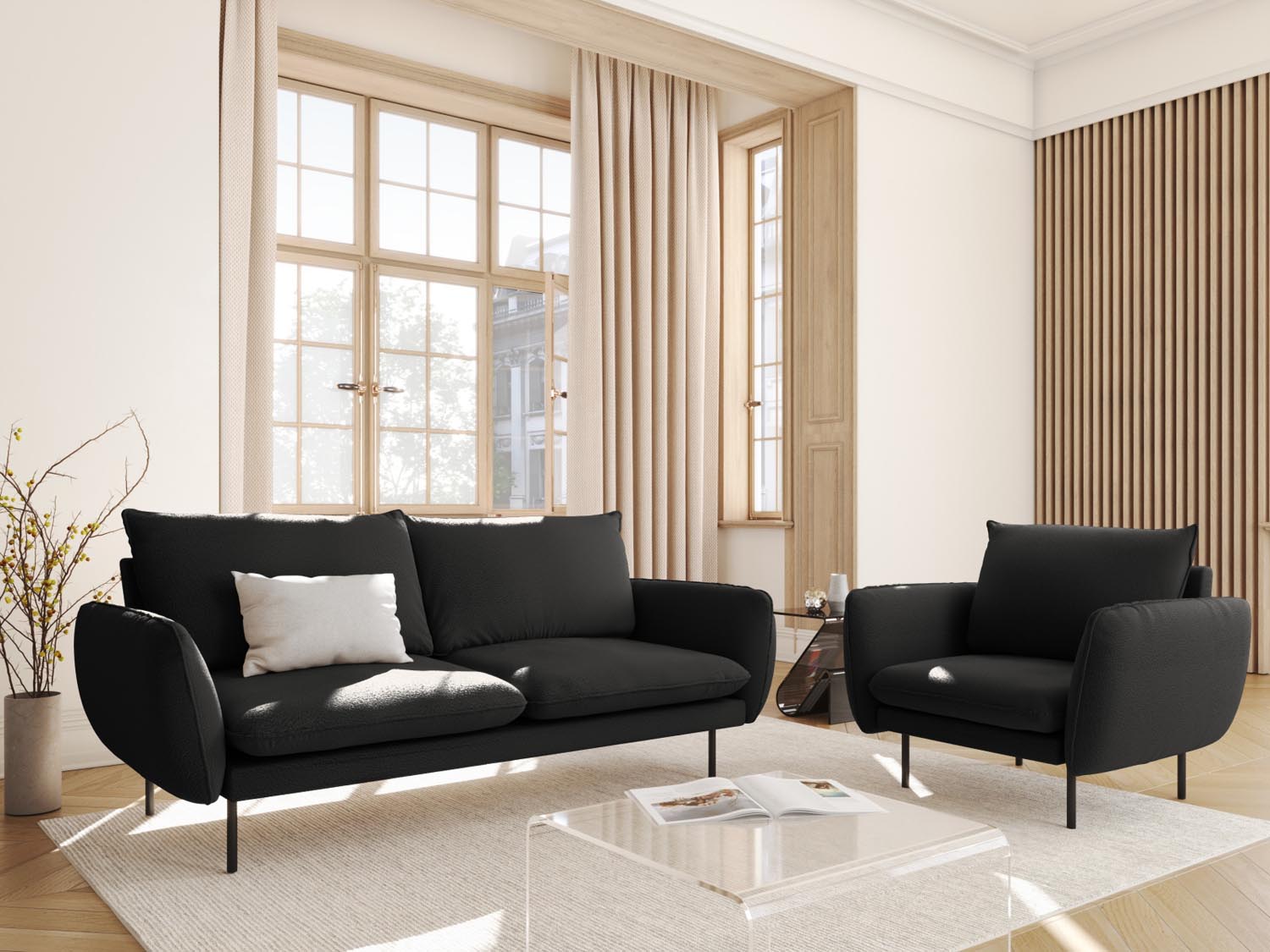 Elegantes Vienna Boucle Sofa für zwei Personen in Schwarz, ideal für stilvolle Wohnräume, präsentiert von Cosmopolitan Design.