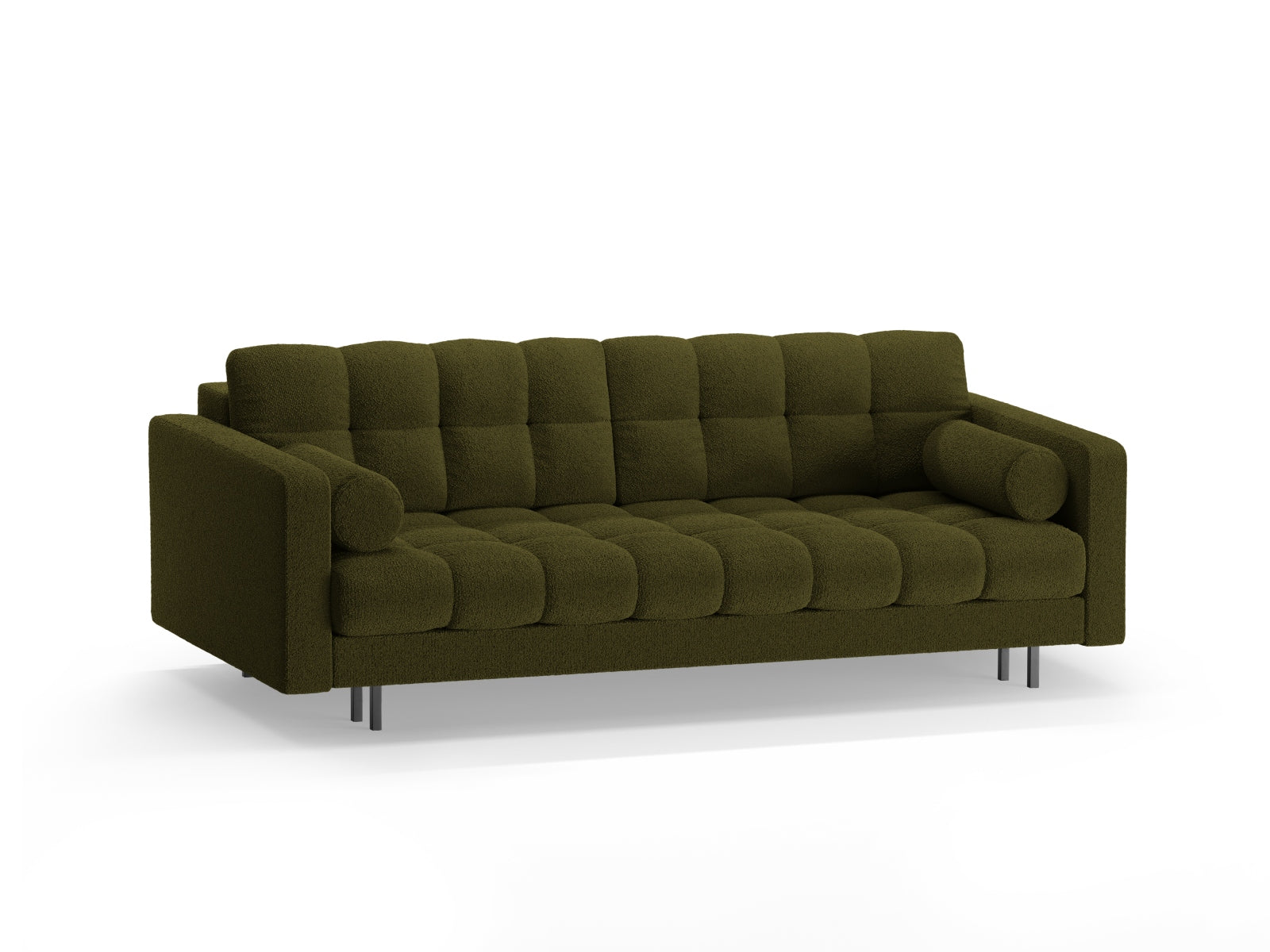 Elegantes 3-Sitzer Sofa Bali in Dunkeloliv mit Schlaffunktion und praktischem Stauraum, ideal für modernes Wohnen.