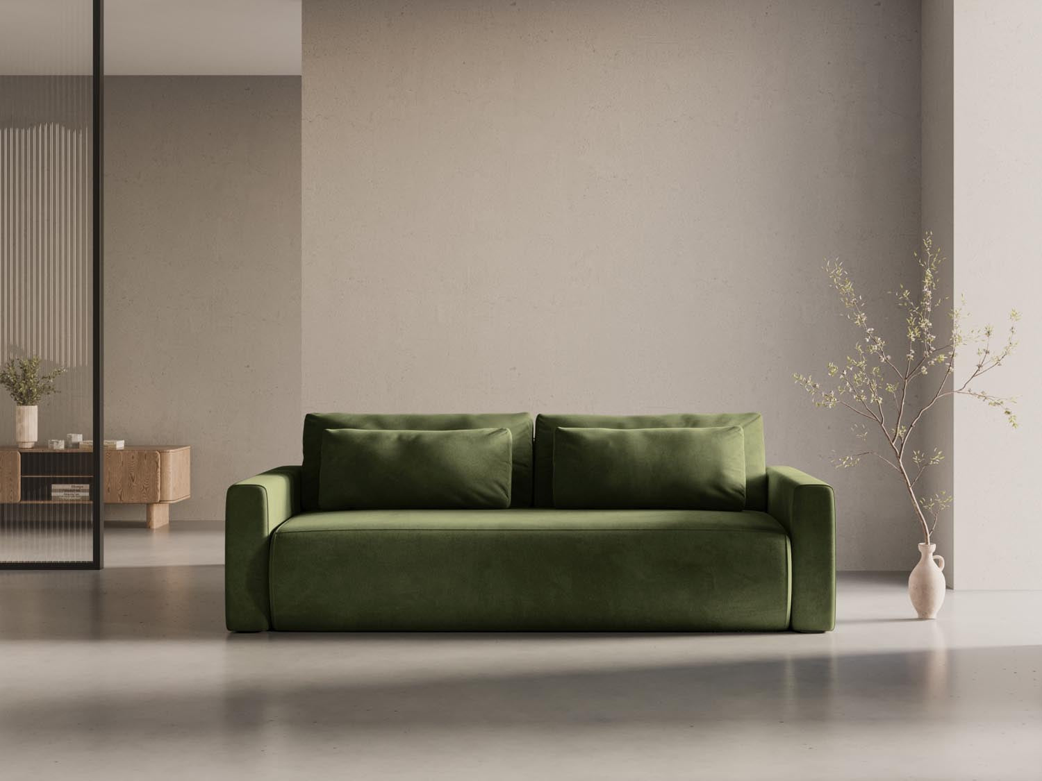 Elegantes Belfast Velour Sofa in Army Green mit Schlaffunktion und Stauraum, ideal für stilvolle Wohnräume und Gästeübernachtungen.