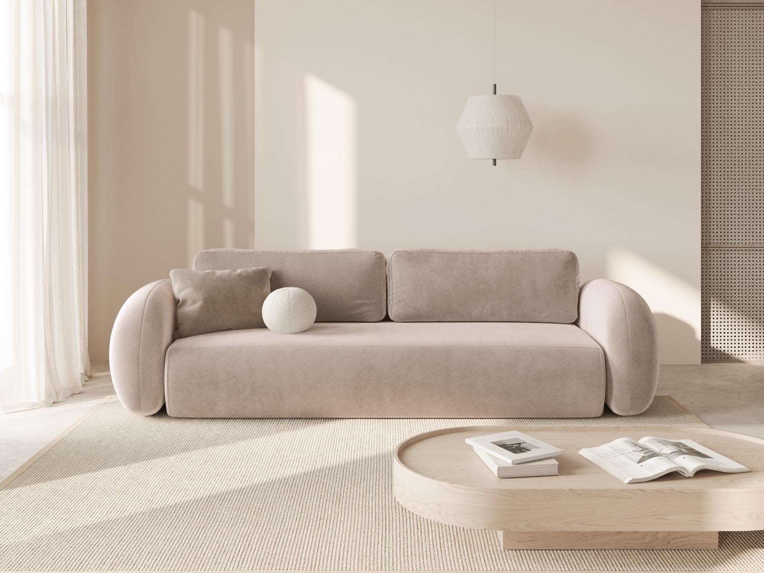 Tonale Velour Sofa mit Schlaffunktion und Stauraum 3 Sitzer in Almond Beige präsentiert im Onlineshop von KAQTU Design AG. Bettsofa ist von Cosmopolitan Design