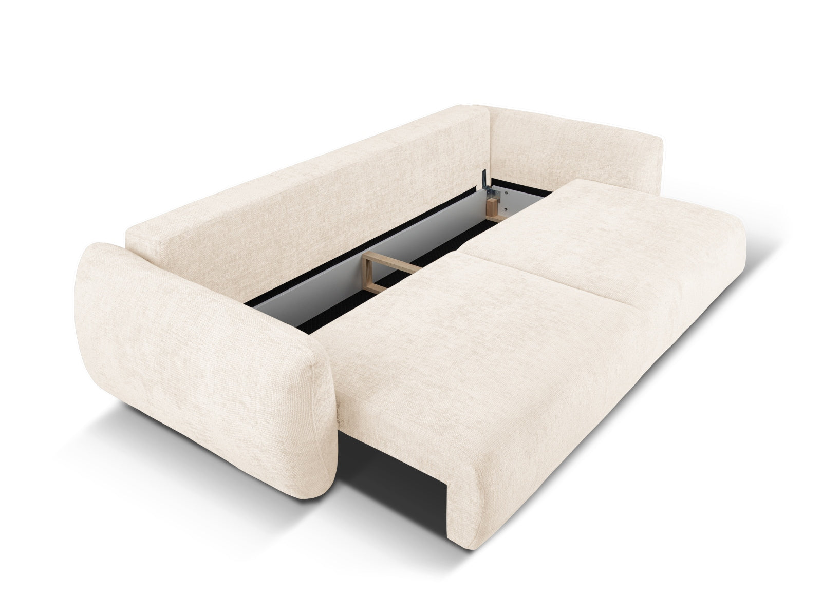 Modernes 3-Sitzer Sofa Matera in stilvollem Beige, vielseitig einsetzbar als Schlafsofa mit integriertem Stauraum für zusätzlichen Komfort.