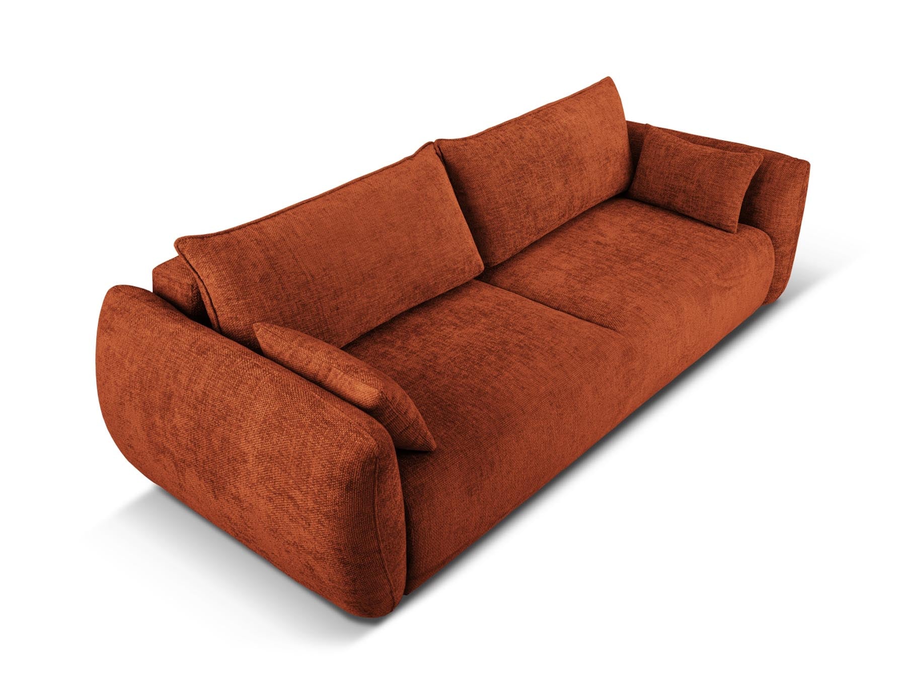 Elegantes 3-Sitzer Sofa Matera in ansprechendem Terracotta, ideal als Schlafgelegenheit mit praktischem Stauraum für zusätzlichen Komfort.
