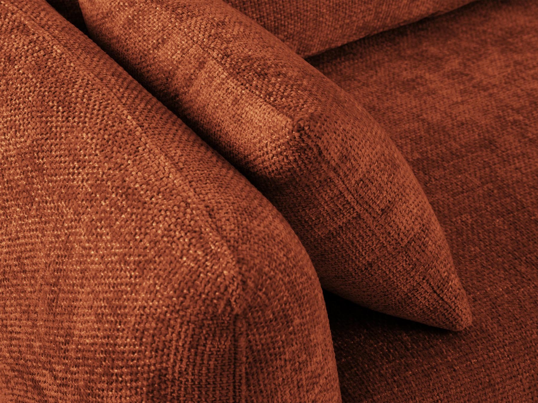 Elegantes 3-Sitzer Sofa Matera in ansprechendem Terracotta, ideal für gemütliche Abende, mit praktischer Schlaffunktion und integriertem Stauraum.