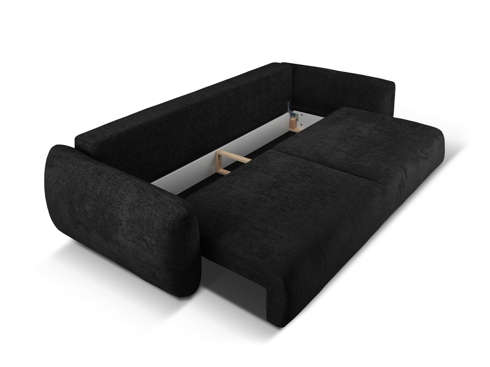 Modernes 3-Sitzer Bettsofa Matera in stilvollem Schwarz, perfekt für kleine Räume mit integrierter Schlaffunktion und cleverem Stauraum.