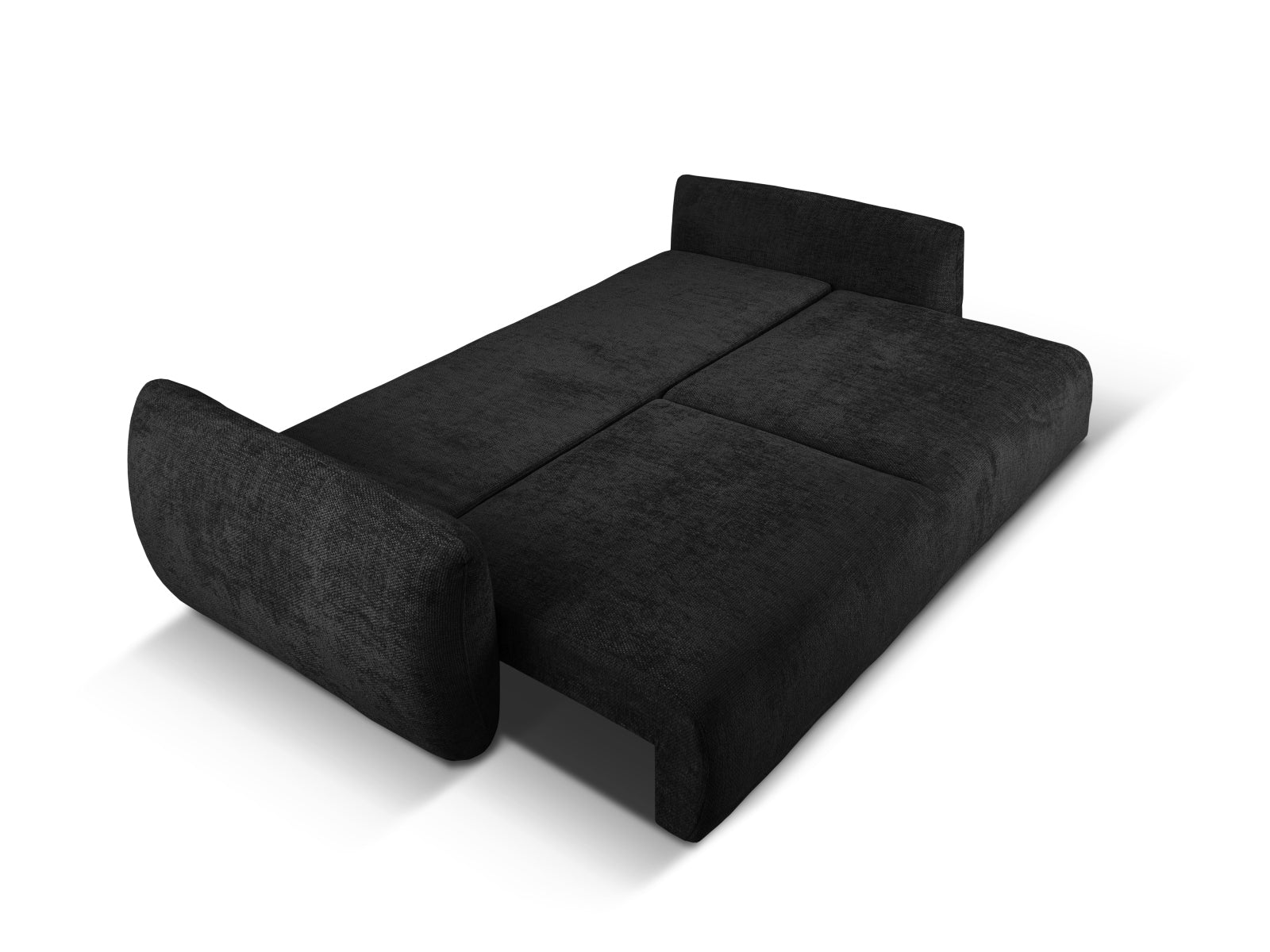 Elegantes 3-Sitzer Sofa Matera in Schwarz, ideal für multifunktionale Wohnräume, bietet Schlafgelegenheit und praktischen Stauraum.