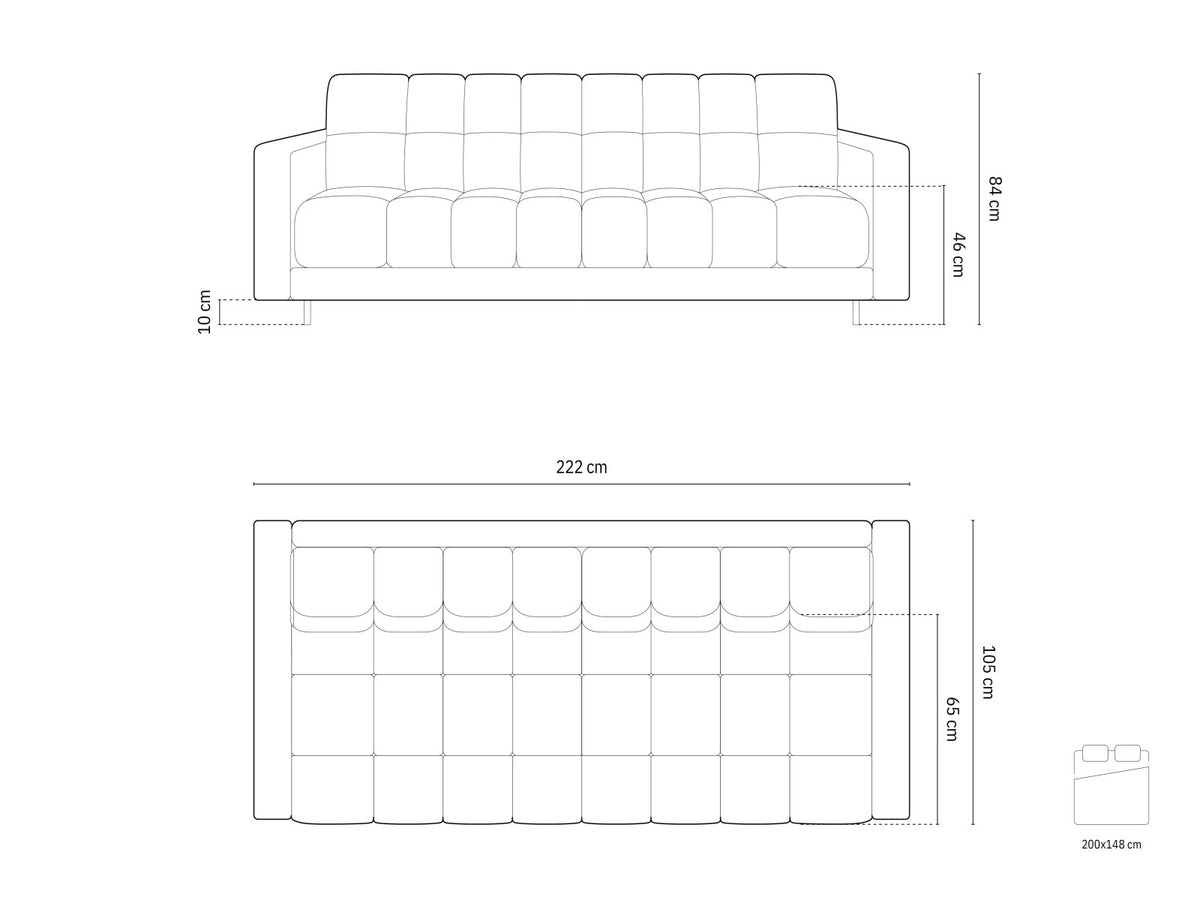 Dreisitzer Bettsofa Bali mit Stoffbezug, Holzrahmen und schwarzen Metallbeinen