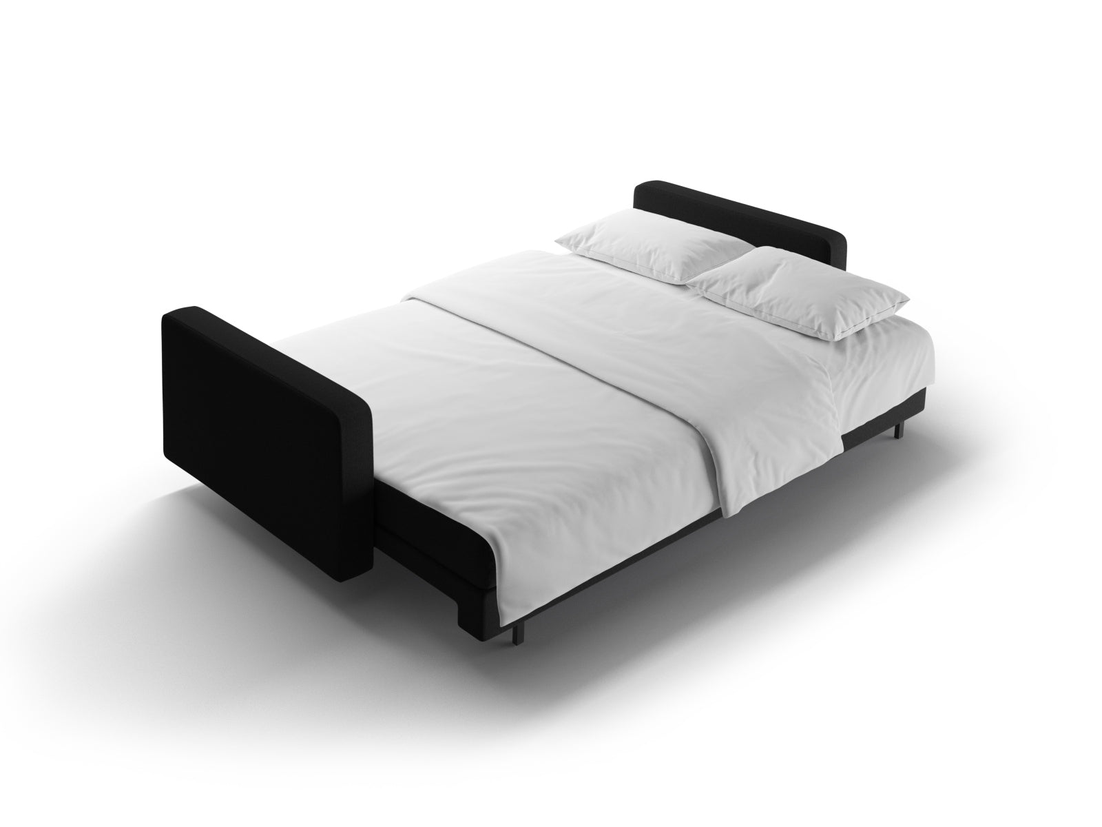 Elegantes 3-Sitzer Bettsofa Bali in Schwarz und Neve, ideal für kleine Räume, bietet Schlafkomfort und zusätzlichen Stauraum.