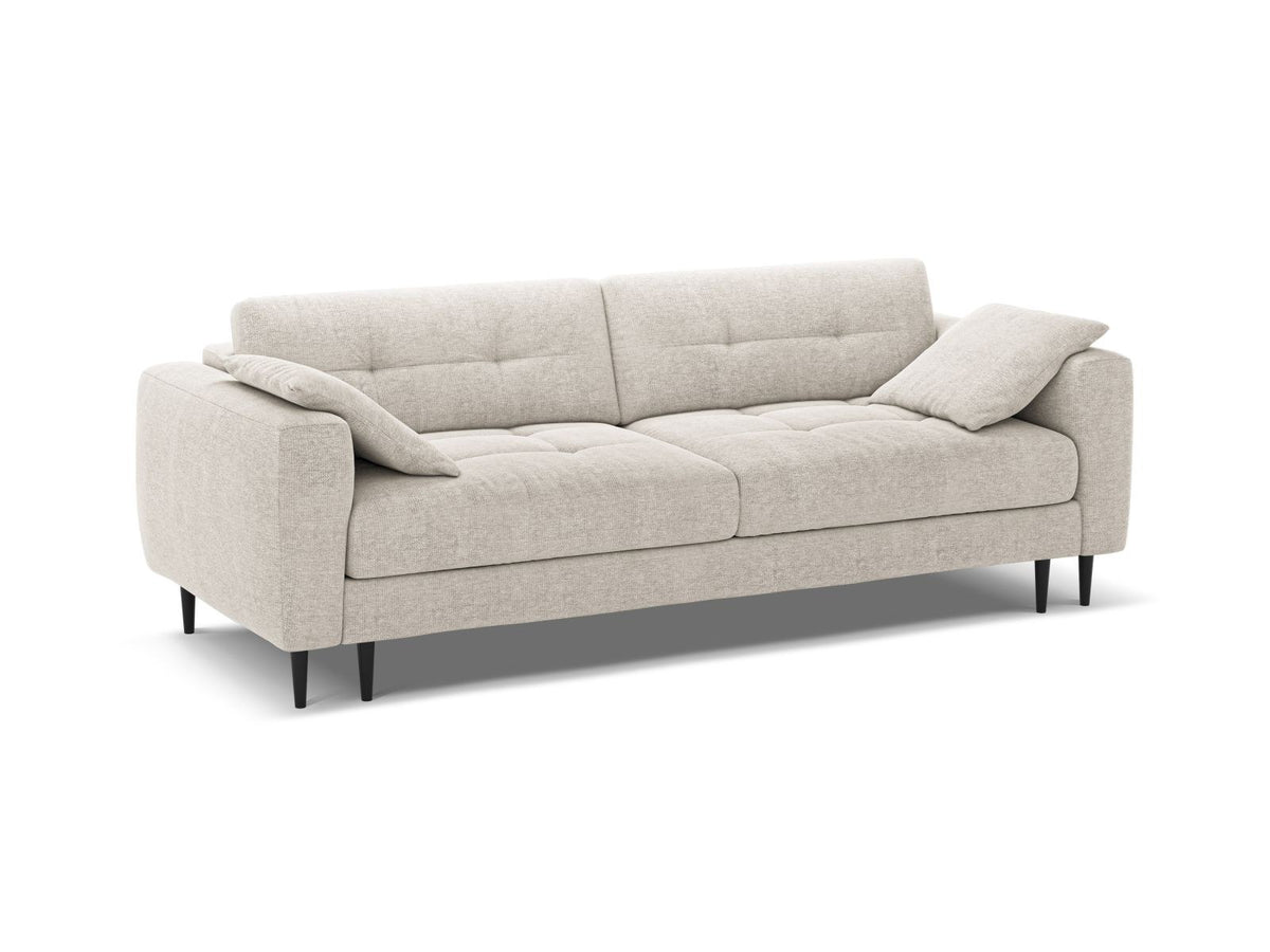 Beiges Bettsofa Lazio mit Sorella-Stoffbezug, Massivholzrahmen, schwarzen Metallbeinen und ausklappbarer Liegefläche samt Bettkasten.