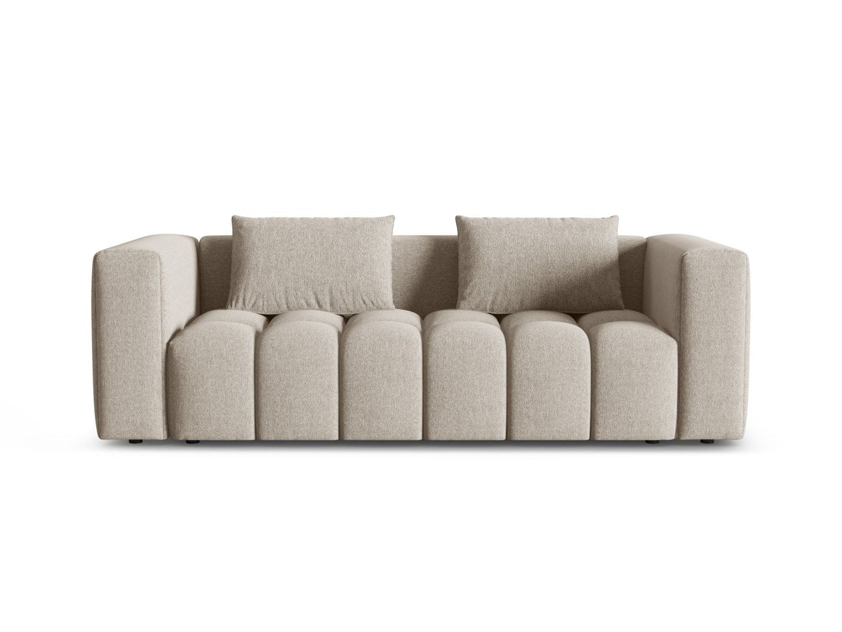 Beiges Bettsofa Verona von Cosmopolitan Design mit Sorella-Polsterstoff, Massivholzrahmen, Bettkasten und schwarzen Kunststoffbeinen.