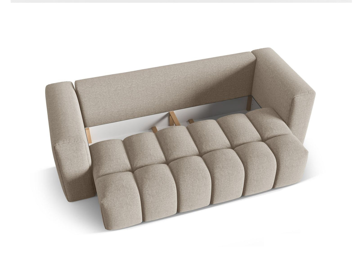 Beiges Bettsofa Verona von Cosmopolitan Design mit Sorella-Polsterstoff, Massivholzrahmen, Bettkasten und schwarzen Kunststoffbeinen.