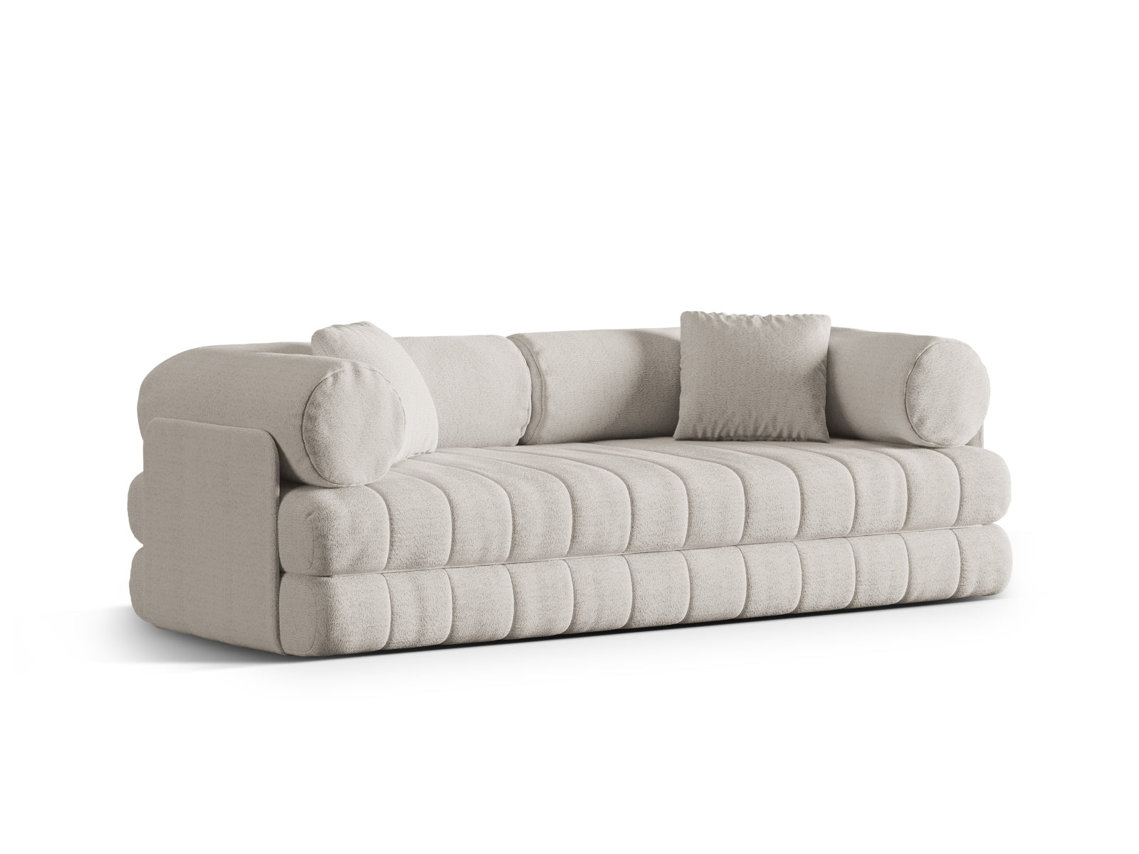 Modernes 3-Sitzer Kemi Sofa in sanftem Light Beige-CORAL, vielseitig einsetzbar als Schlafsofa für Gäste und gemütliche Abende.