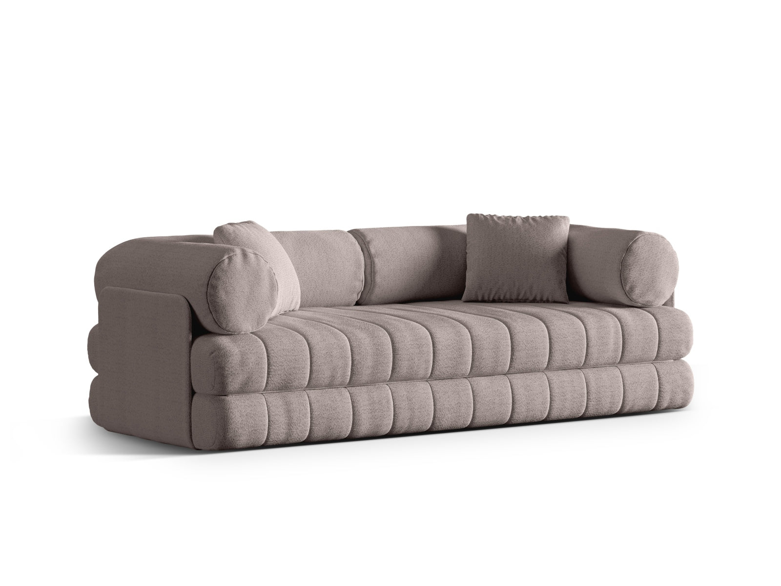 Modernes 3-Sitzer Bettsofa Kemi in Warm Grey-CORAL, perfekt für entspannte Abende und als Schlafgelegenheit für Gäste.