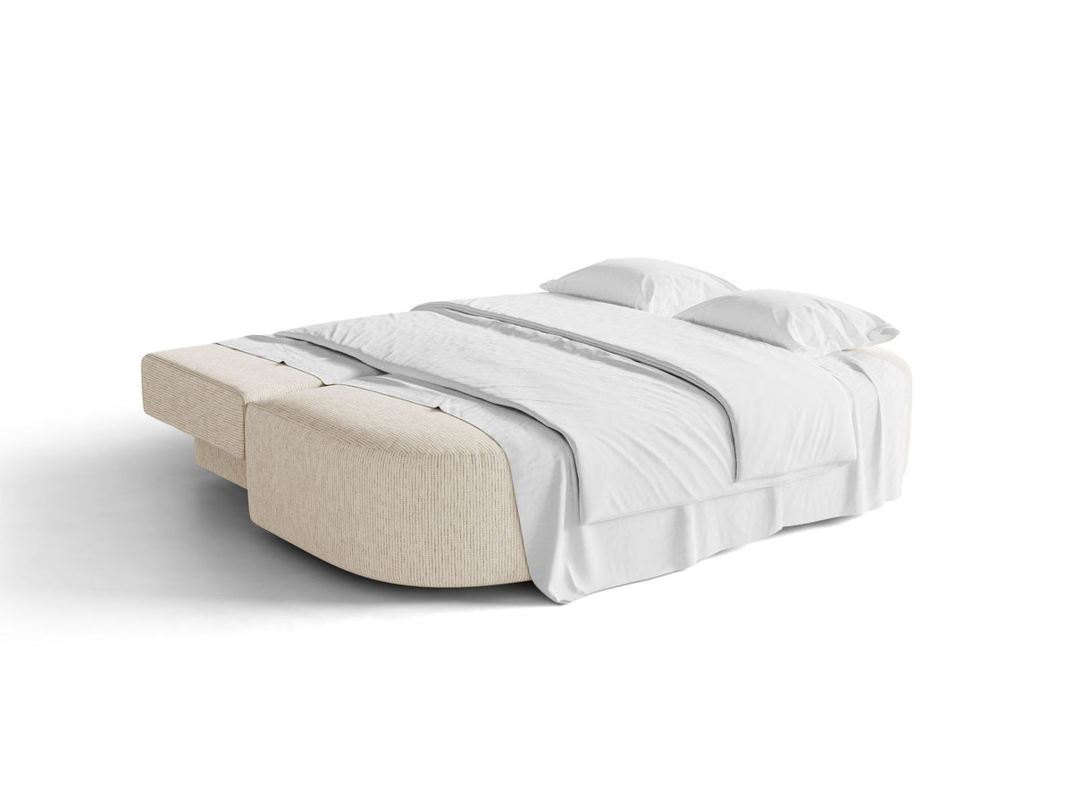 Bettsofa Sophia in Light Beige-Baltimore mit Massivholzrahmen, Stoffbezug und schwarzen Kunststoffbeinen, 3 Sitzplätze mit Bettkasten.