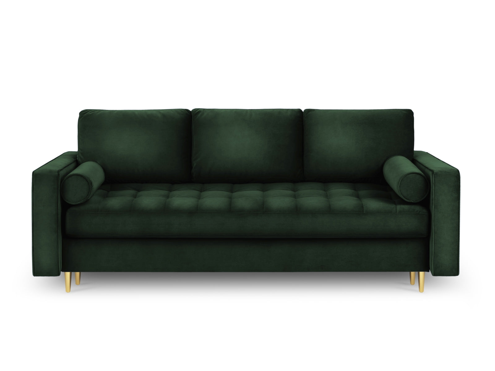 Stylisches 3-Sitzer Sofa Aspen in tiefem Grün, ausgestattet mit einer komfortablen Schlaffunktion und cleverem Stauraum für vielseitige Nutzung.
