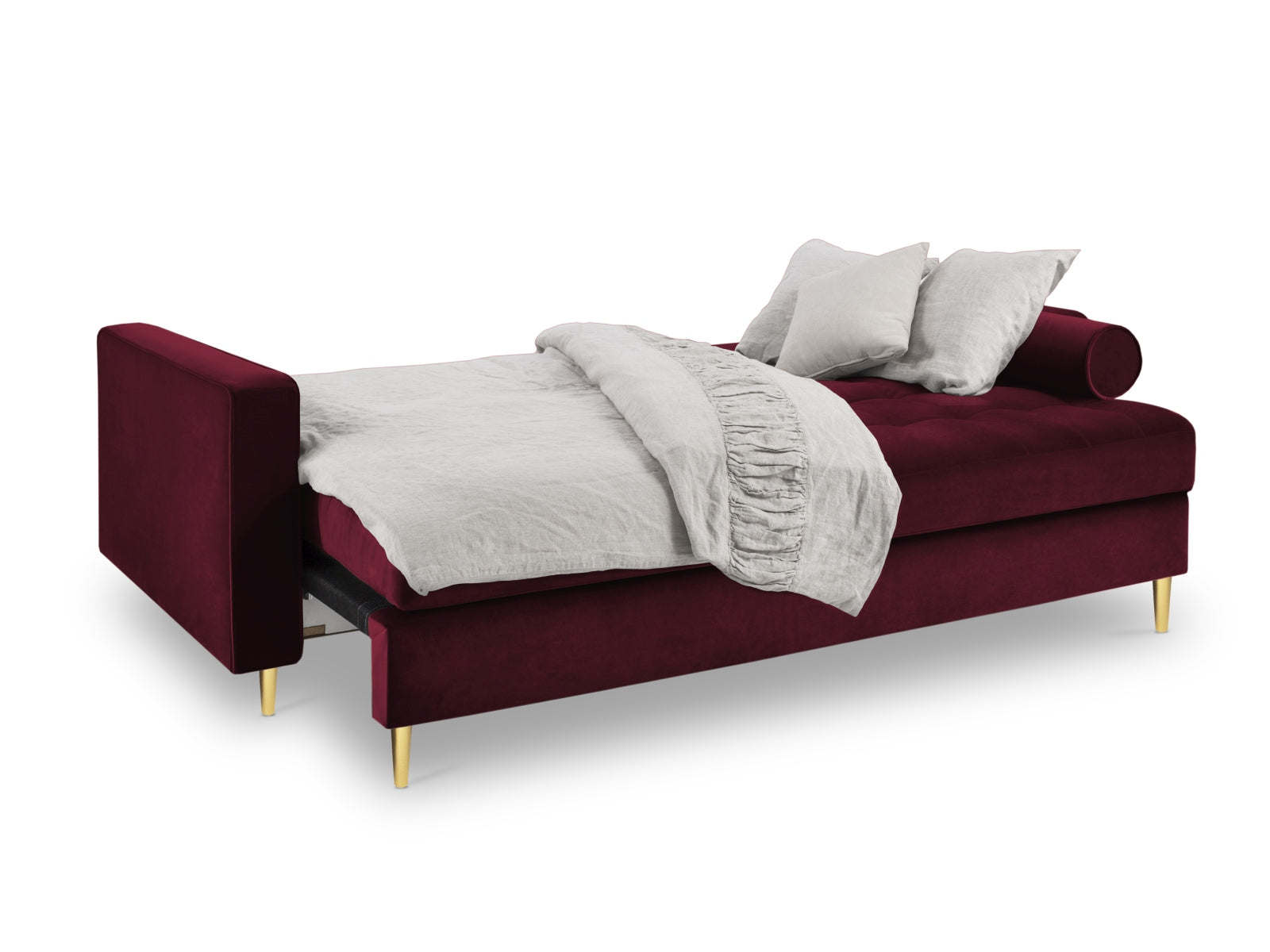 Modernes 3-Sitzer Sofa Aspen in Red-Salvador, perfekt für Gästezimmer, kombiniert stilvolles Design mit praktischer Schlaffunktion und Stauraum.