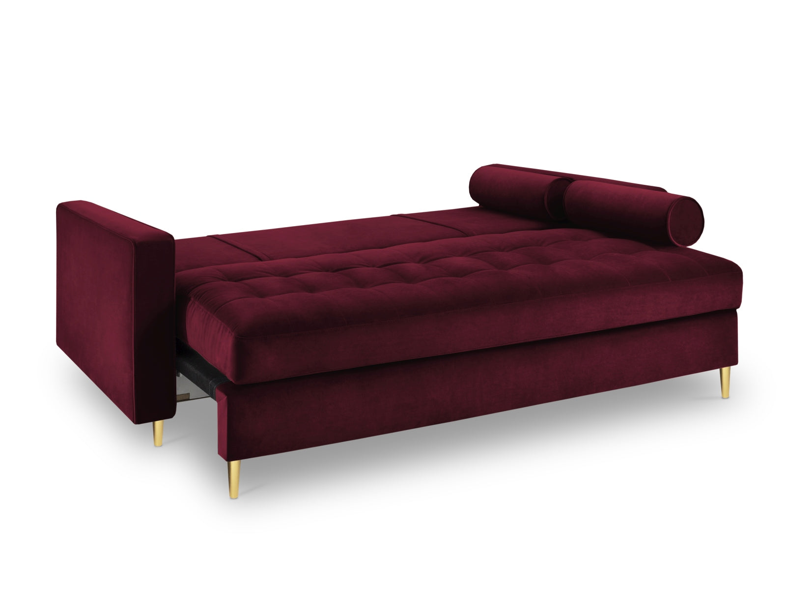 Elegantes 3-Sitzer Bettsofa Aspen in Red-Salvador, ideal für multifunktionale Räume, bietet Schlafgelegenheit und praktischen Stauraum.