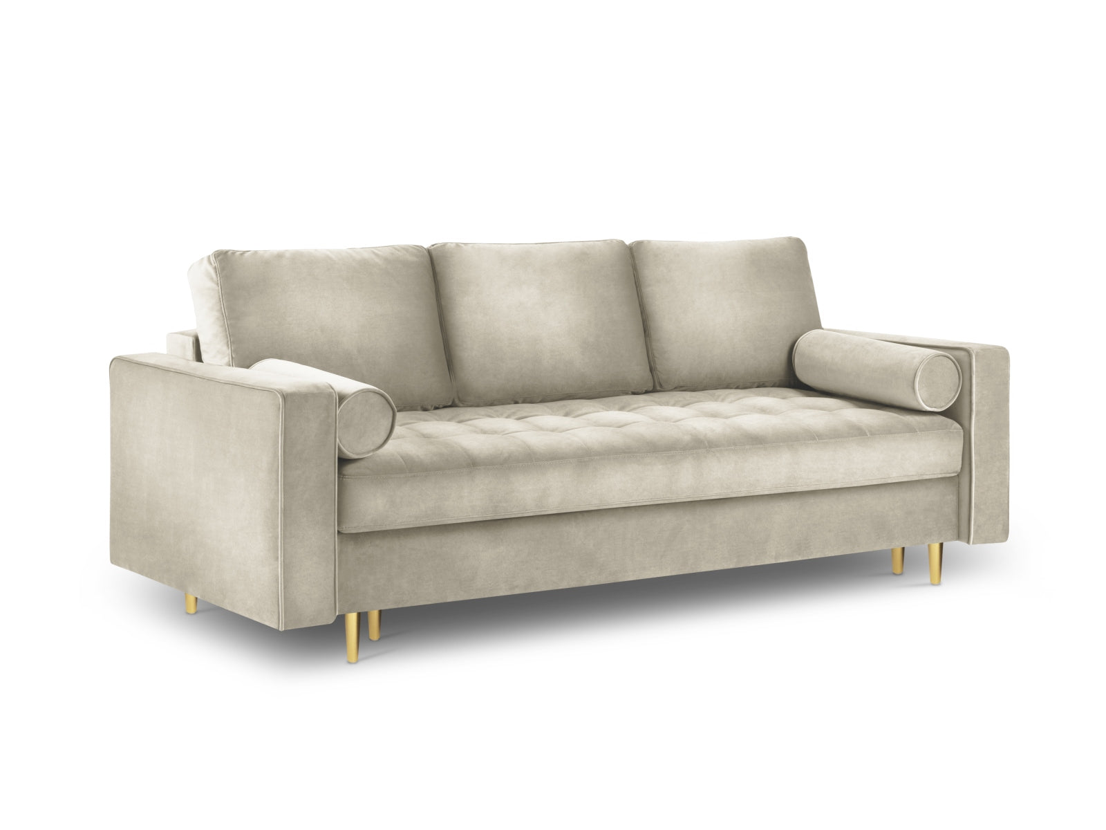 Elegantes 3-Sitzer Bettsofa Aspen in edlem Dunkelbeige, perfekt für entspannte Abende und überraschende Übernachtungen mit integriertem Stauraum.