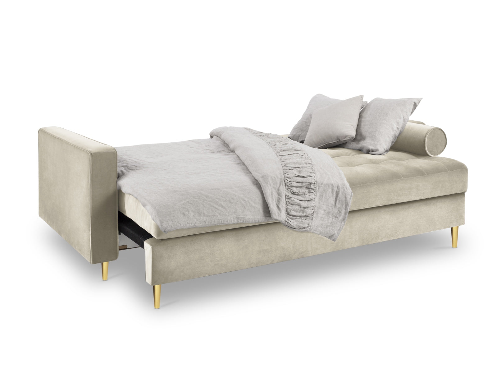 Modernes 3-Sitzer Sofa Aspen in stilvollem Dunkelbeige, ideal für Gästeübernachtungen und mit praktischem Stauraum für Kissen und Decken.
