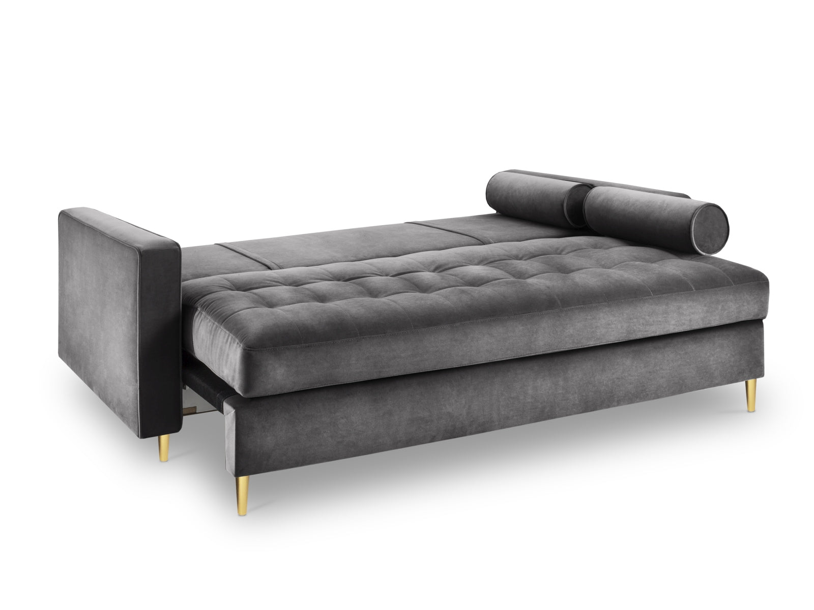 Modernes 3-Sitzer Sofa Aspen in stilvollem Dunkelgrau, perfekt für jedes Wohnzimmer, mit vielseitiger Schlaffunktion und integriertem Stauraum.