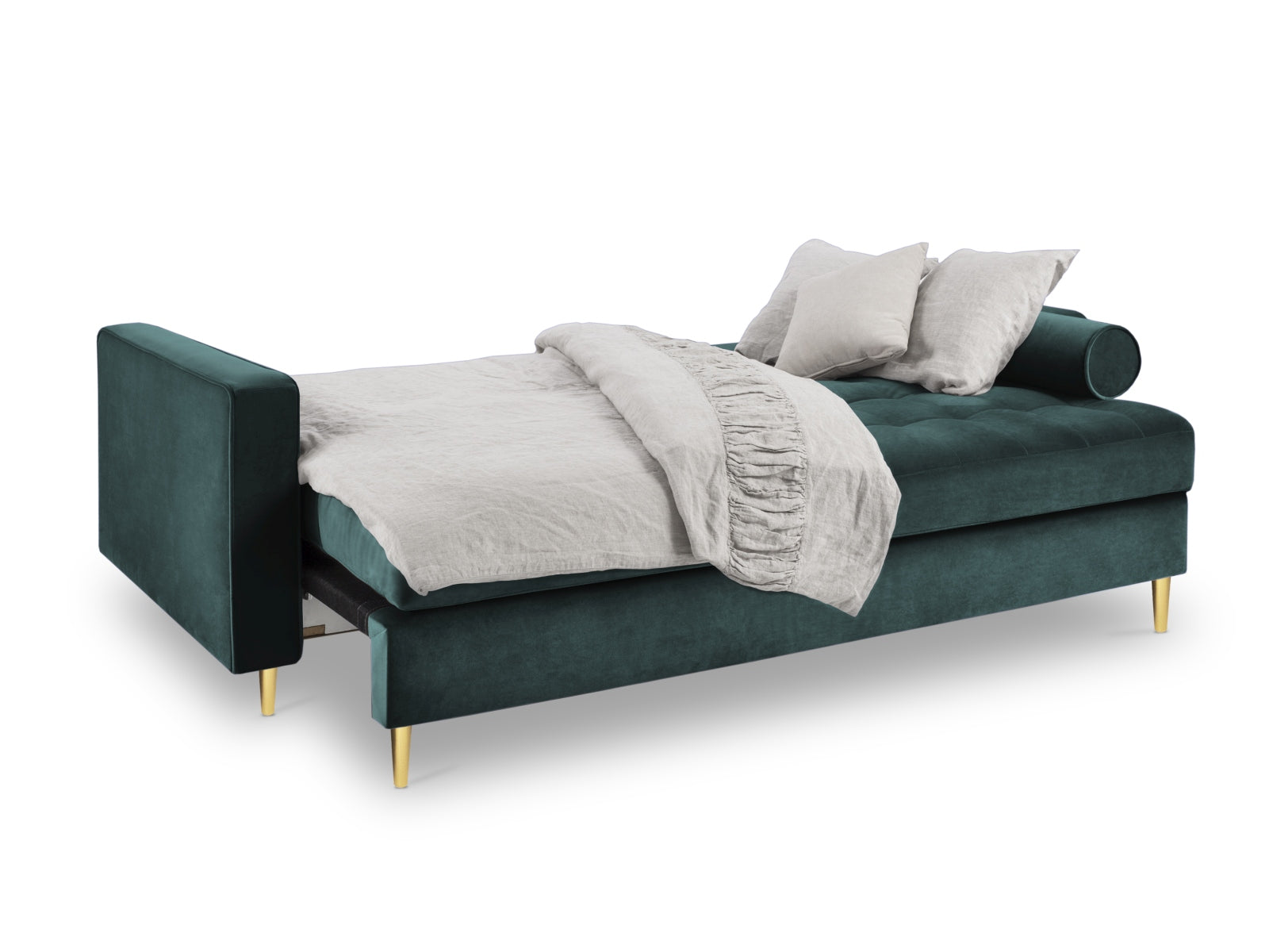 Elegantes 3-Sitzer Sofa Aspen in Petrol-Salvador, ideal für Wohnräume, bietet Schlaffunktion und praktischen Stauraum.