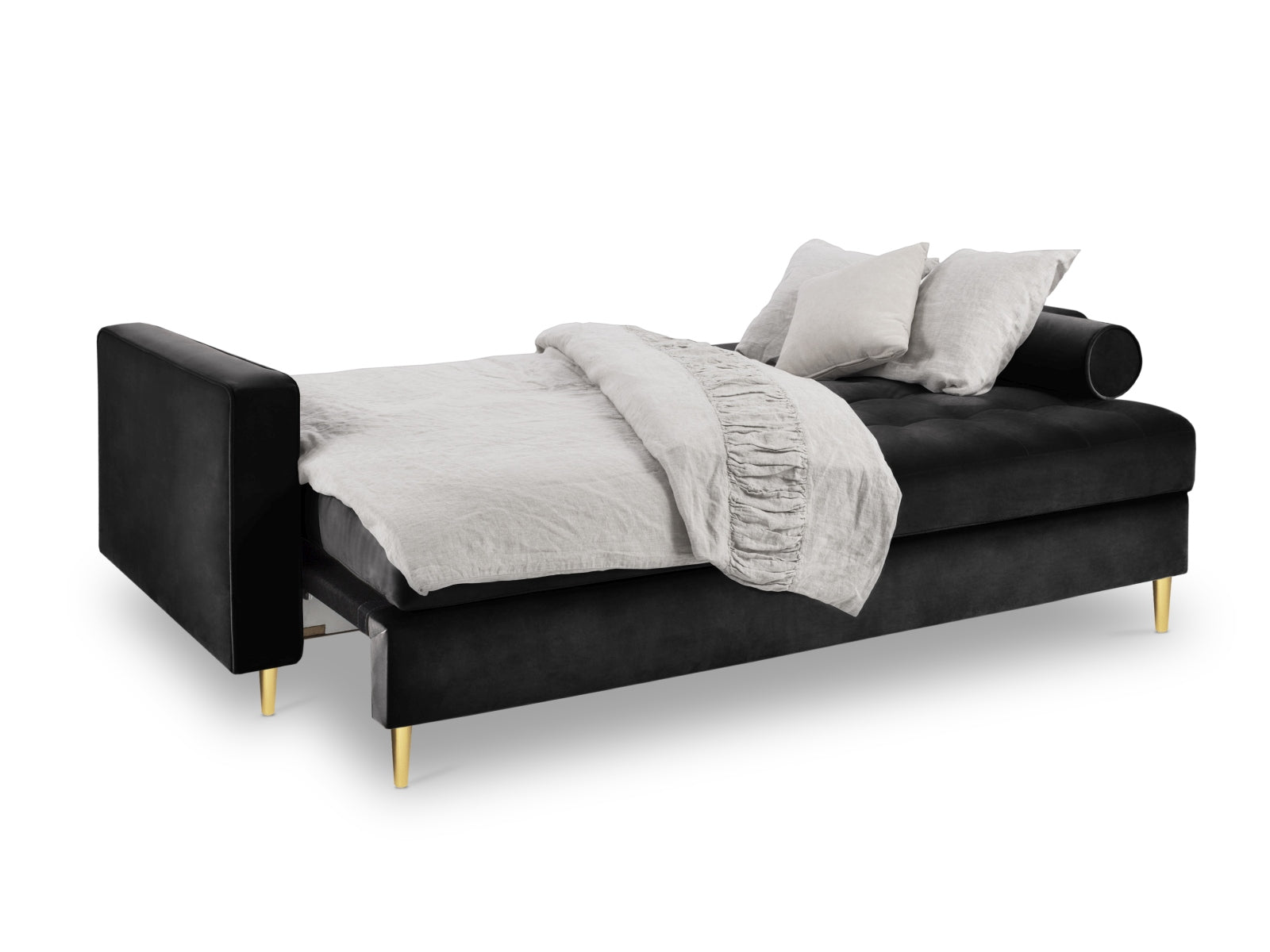 Modernes 3-Sitzer Sofa Aspen in stilvollem Schwarz, perfekt für multifunktionale Wohnräume, mit integrierter Schlaffunktion und cleverem Stauraum.