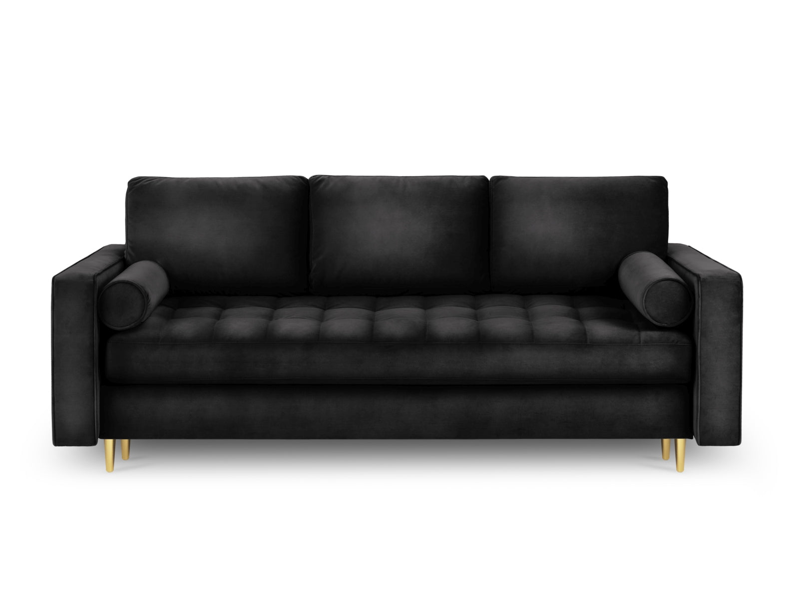 Elegantes 3-Sitzer Sofa Aspen in Schwarz, ideal für kleine Räume, bietet Schlafgelegenheit und praktischen Stauraum für mehr Komfort.
